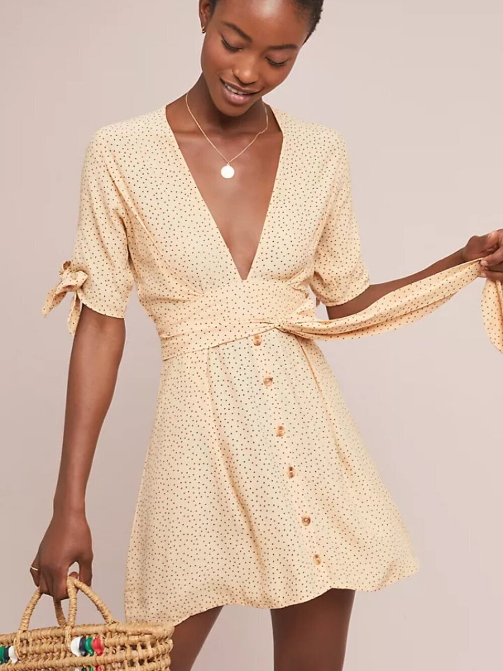 FAITHFULL THE BRAND Birgit Yellow Polka Dot Wrap Mini Fit & Flare Dress, Size 6